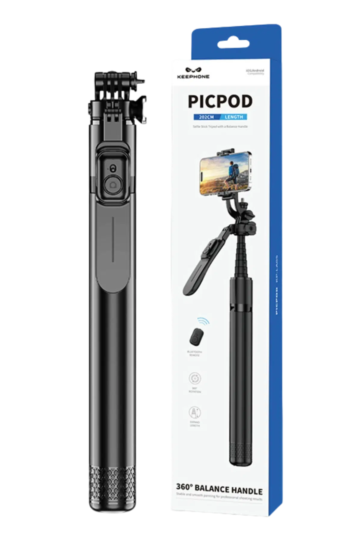 Keephone KP-LA05 PicPod 360 Derece Ayarlanabilir 202cm BT Selfie Çubuğu - Siyah