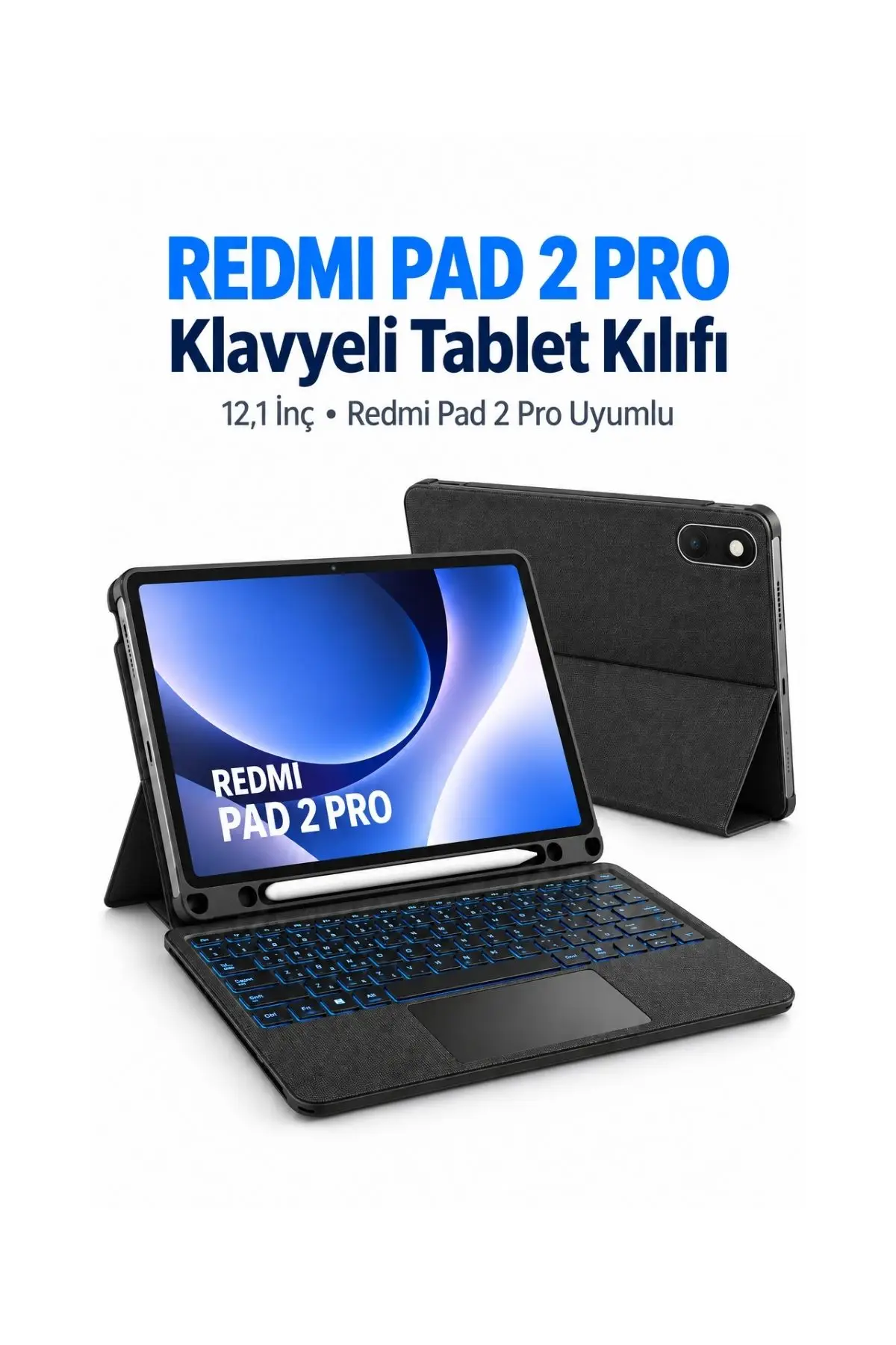 Redmi Pad 2 Pro 12.1 Uyumlu Klavyeli Tablet Kılıfı Trackpadli 7 Renk RGB Aydınlatmalı Ayrılabilir Klavye
