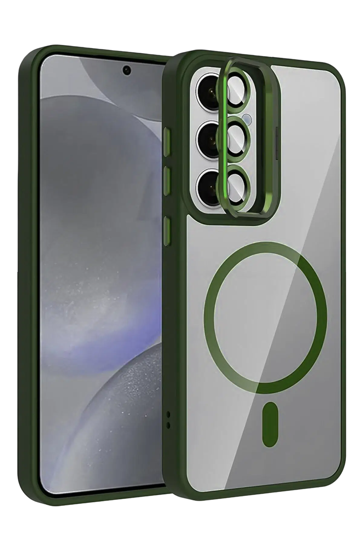 Fuchsia Galaxy S24 FE ile Uyumlu Remim Lensli Magsafe Standlı Kapak - Koyu Yeşil