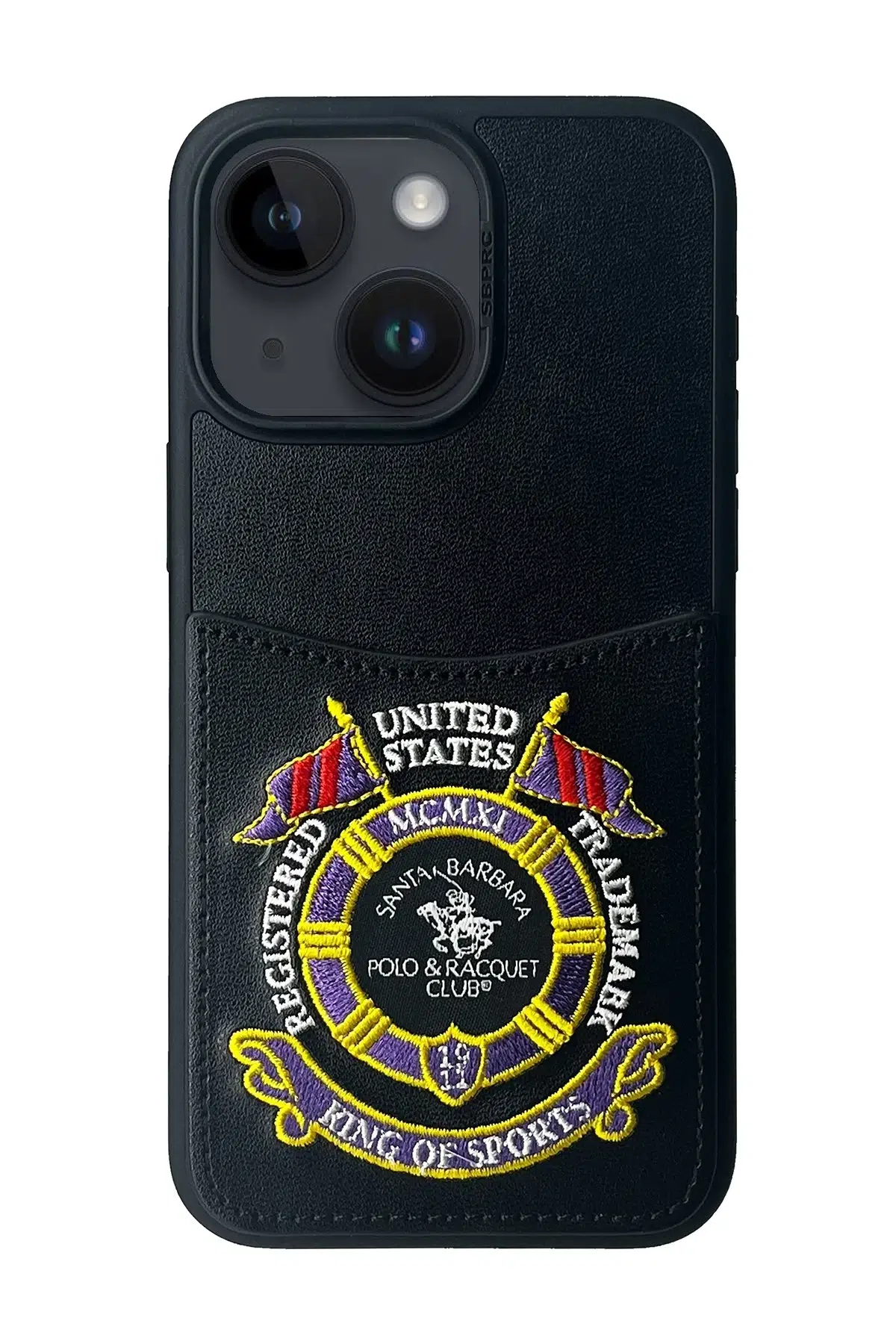 Santa Barbara Polo Racquet Club Apple iPhone 15 Abner İçi Süet Nakış Desenli Kartvizitli Kılıf - Siyah