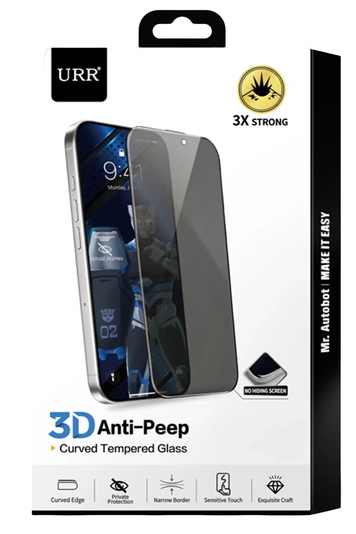 URR Apple iPhone 16 3D Anti-Peep Curved Hayalet Cam Ekran Koruyucu - Siyah