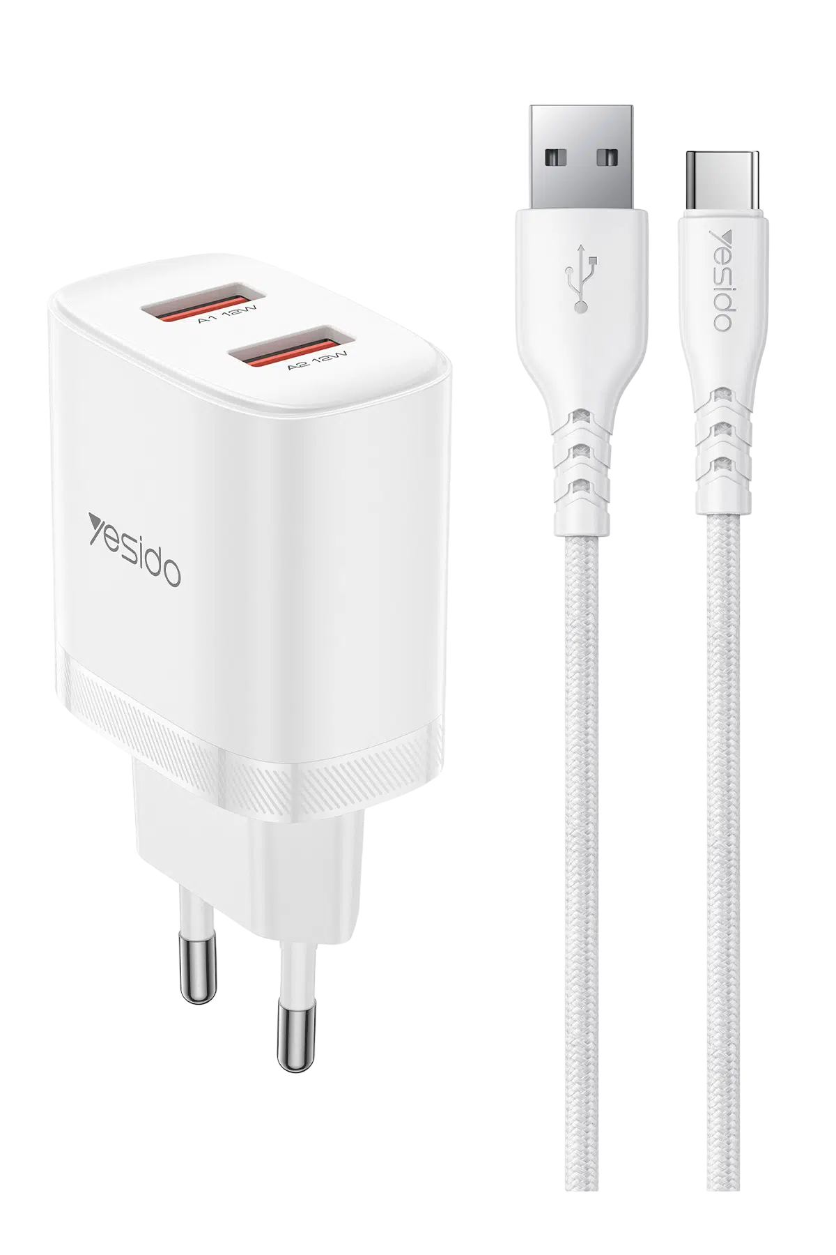 Yesido YC104 2.4A Çift USB-A Çıkışlı 1M USB-A to Type-C Kablolu Şarj Cihazı - Beyaz