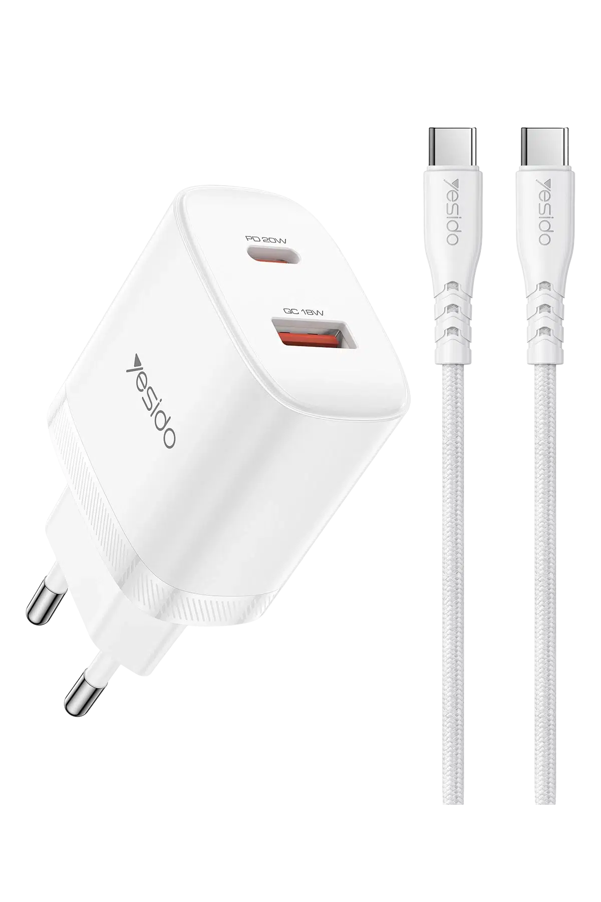Yesido YC106 20W USB-A ve Type-C Çıkışlı Type-C to Type-C Kablolu PD Şarj Cihazı - Beyaz