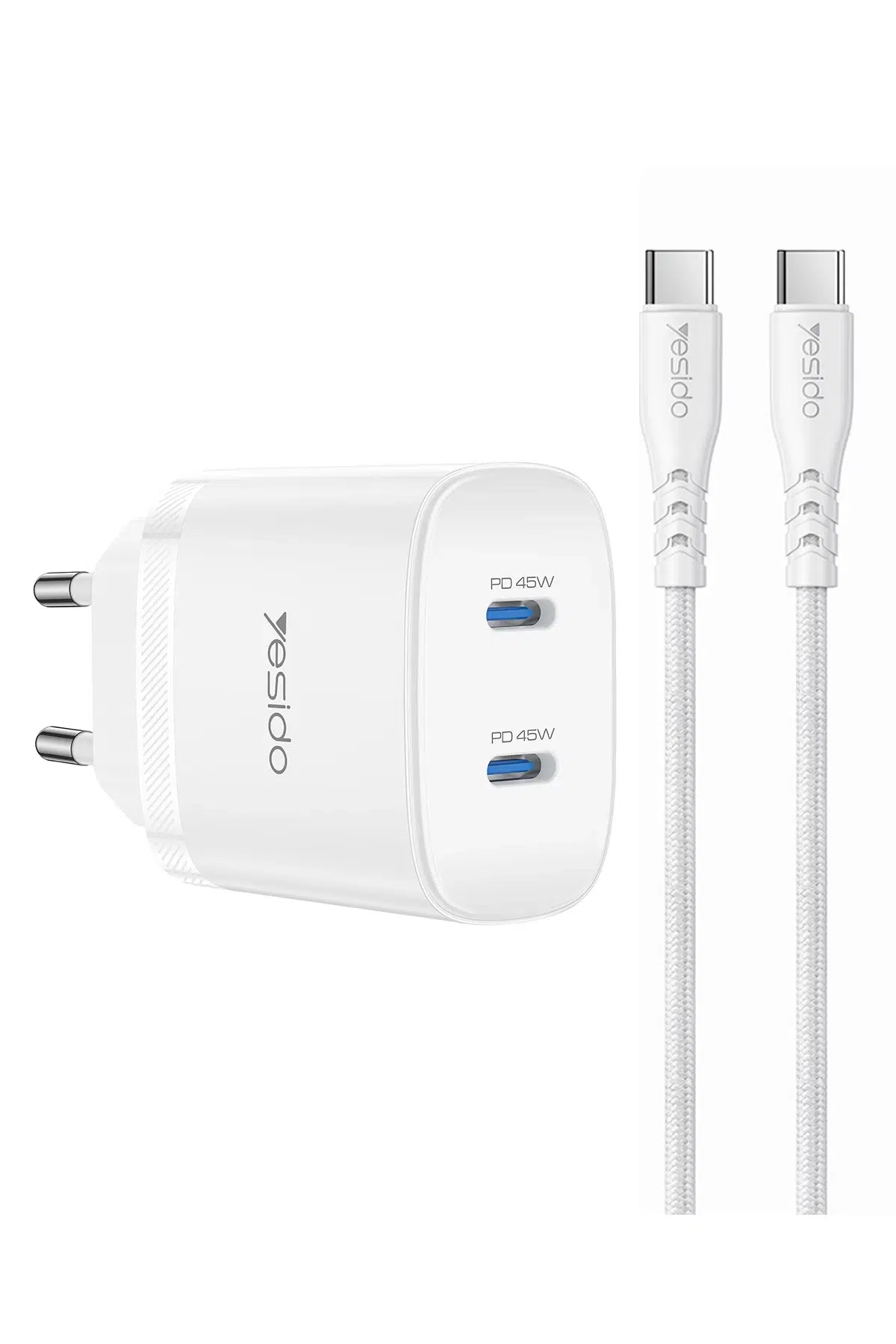 Yesido YC109 45W Çift Type-C Çıkışlı ve 1M Type-C to Type-C Kablolu PD Şarj Cihazı - Beyaz
