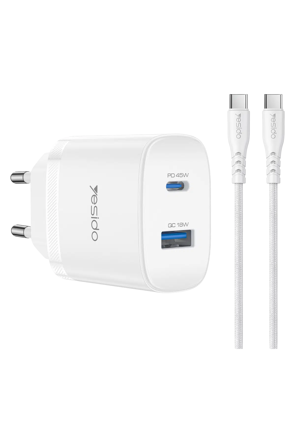 Yesido YC110 45W USB-A ve Type-C Çıkışlı 1M Type-C to Type-C Kablolu PD Hızlı Şarj Cihazı - Beyaz